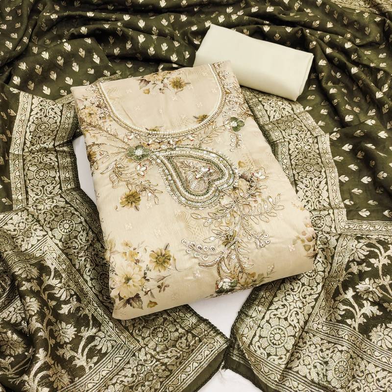 beige printed banarasi modal silk blend unstitched dress material 