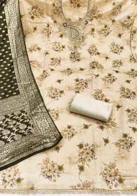 beige printed banarasi modal silk blend unstitched dress material  2