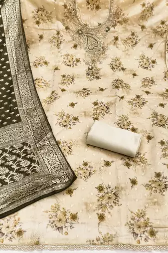 beige printed banarasi modal silk blend unstitched dress material 
