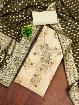 beige printed banarasi modal silk blend unstitched dress material  4
