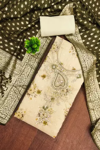 beige printed banarasi modal silk blend unstitched dress material 