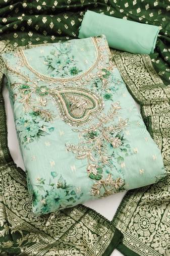 sea green printed banarasi modal silk blend unstitched dress material 