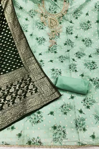 sea green printed banarasi modal silk blend unstitched dress material 