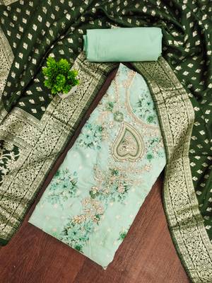 sea green printed banarasi modal silk blend unstitched dress material  4