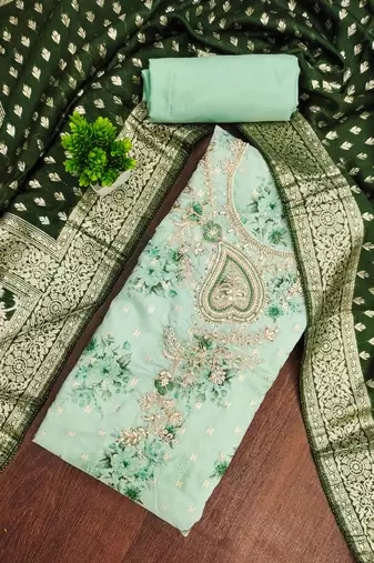 sea green printed banarasi modal silk blend unstitched dress material 