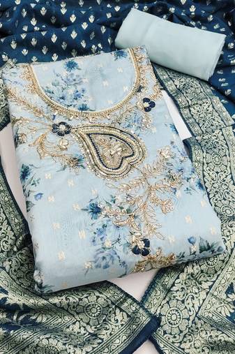 light blue printed banarasi modal silk blend  unstitched dress material 
