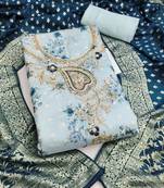 light blue printed banarasi modal silk blend  unstitched dress material 