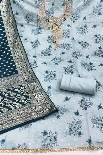 light blue printed banarasi modal silk blend  unstitched dress material 