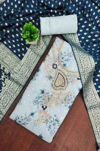 light blue printed banarasi modal silk blend  unstitched dress material 