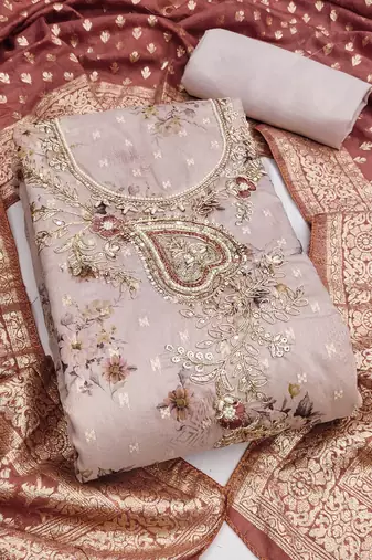 beige printed banarasi modal silk blend unstitched dress material 