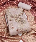 beige printed banarasi modal silk blend unstitched dress material 