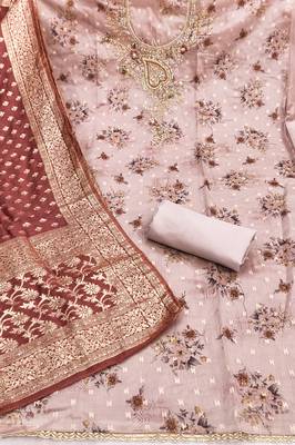 beige printed banarasi modal silk blend unstitched dress material  2