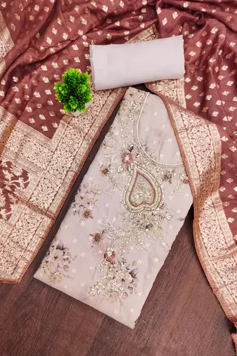 beige printed banarasi modal silk blend unstitched dress material 