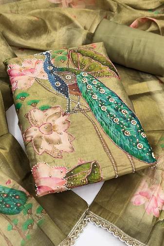 green printed silk blendunstitched dress material 