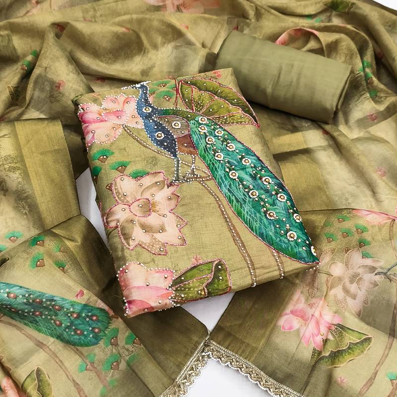 green printed silk blendunstitched dress material 