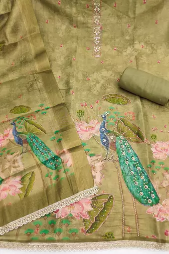 green printed silk blendunstitched dress material 