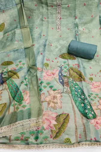 grey printed silk blendunstitched dress material 