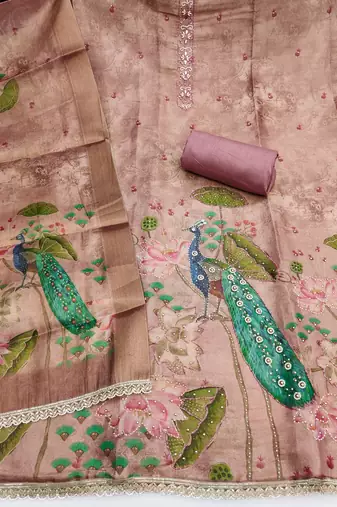 purple printed silk blendunstitched dress material 