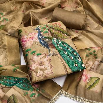 beige printed silk blendunstitched dress material  1