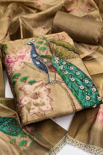 beige printed silk blendunstitched dress material 