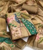 beige printed silk blendunstitched dress material 