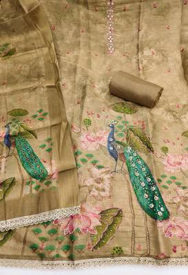 beige printed silk blendunstitched dress material  2