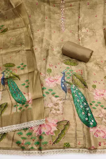 beige printed silk blendunstitched dress material 