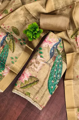 beige printed silk blendunstitched dress material 