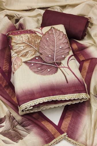 beige printed silk blend  linen unstitched dress material 