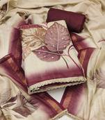 beige printed silk blend  linen unstitched dress material 