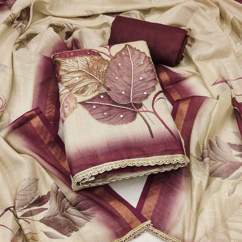 beige printed silk blend  linen unstitched dress material 