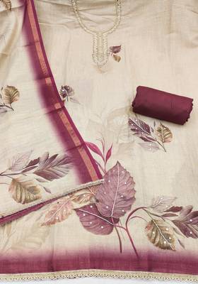 beige printed silk blend  linen unstitched dress material  2