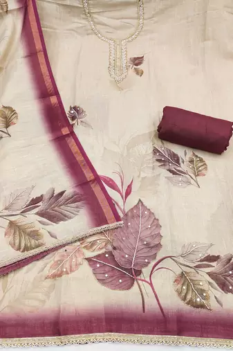 beige printed silk blend  linen unstitched dress material 