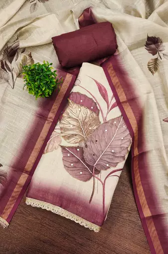beige printed silk blend  linen unstitched dress material 