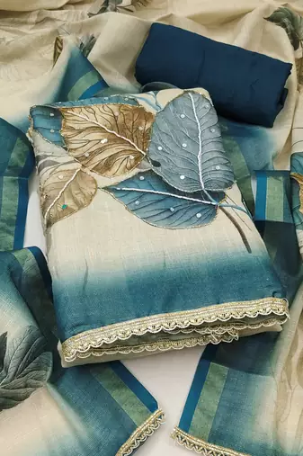 beige printed silk blend  linen unstitched dress material 