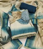 beige printed silk blend  linen unstitched dress material 