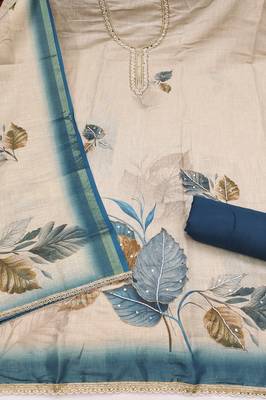 beige printed silk blend  linen unstitched dress material  2