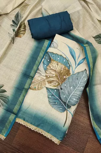 beige printed silk blend  linen unstitched dress material 