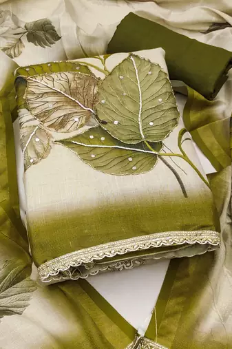 beige printed silk blend  linen unstitched dress material 