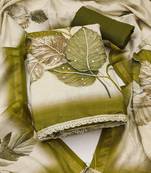 beige printed silk blend  linen unstitched dress material 
