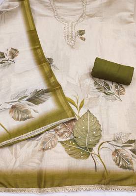 beige printed silk blend  linen unstitched dress material  2