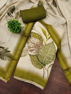 beige printed silk blend  linen unstitched dress material  4