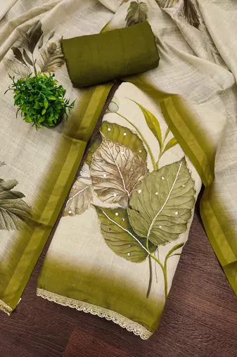 beige printed silk blend  linen unstitched dress material 
