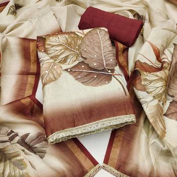 beige printed silk blend  linen unstitched dress material  1