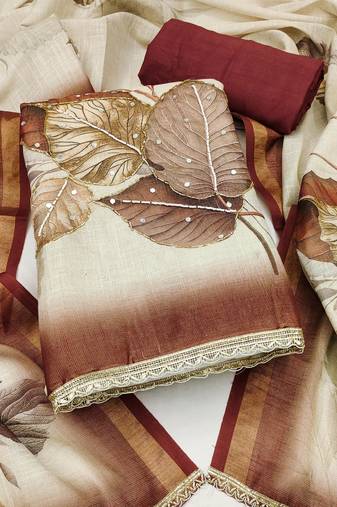beige printed silk blend  linen unstitched dress material 