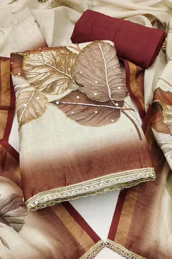 beige printed silk blend  linen unstitched dress material 