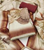 beige printed silk blend  linen unstitched dress material 