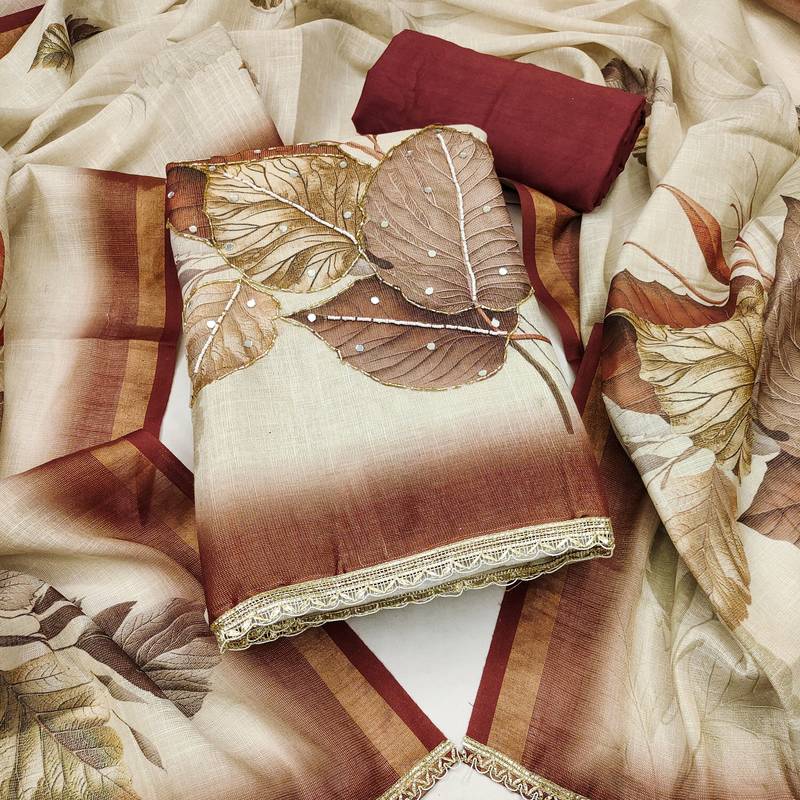 beige printed silk blend  linen unstitched dress material 