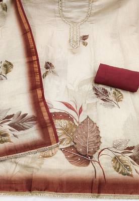 beige printed silk blend  linen unstitched dress material  2
