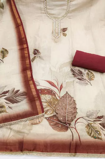 beige printed silk blend  linen unstitched dress material 